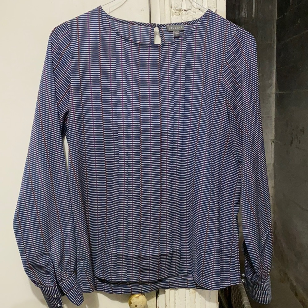 Navy blouse with red and magenta stripes